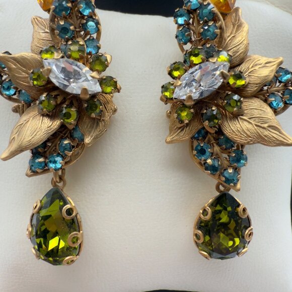 Ben Amun Signed BJ Gold Tone Filigree Crystal Dangle Drop Earrings Statement - Picture 5 of 11